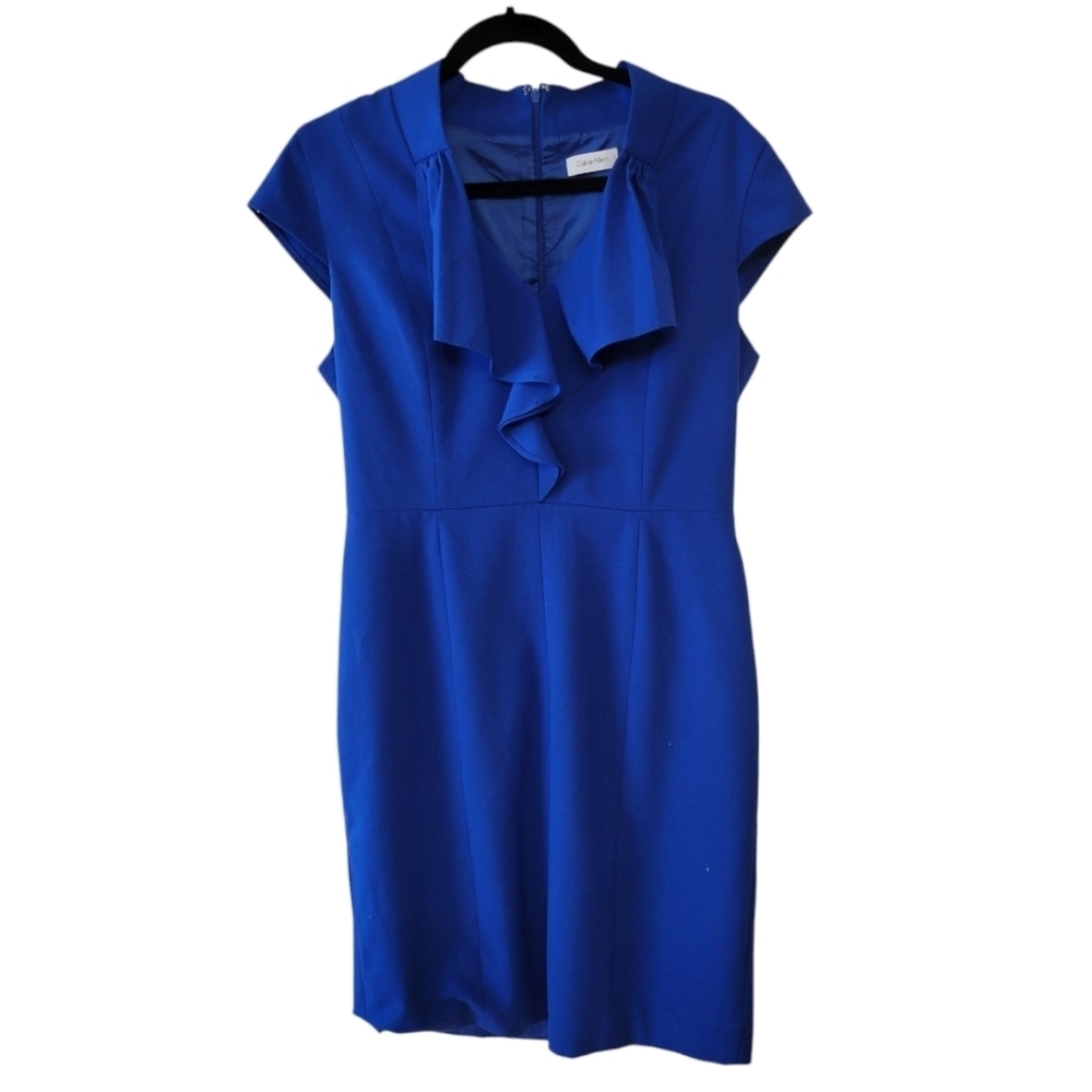 Calvin Klein Blue Ruffle‎ Neck Sheath Dress Size 10